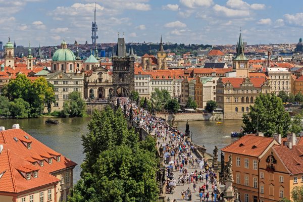 The statues of Charles Bridge over the Vltava river in Prague