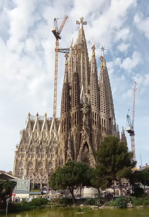 The Sagrada Familia basilica towers against a blue Barcelona sky The Sagrada Familia basilica towers against a blue Barcelona sky
