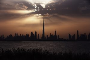The Burj Khalifa rising above the Dubai skyline at night The Burj Khalifa rising above the Dubai skyline at night